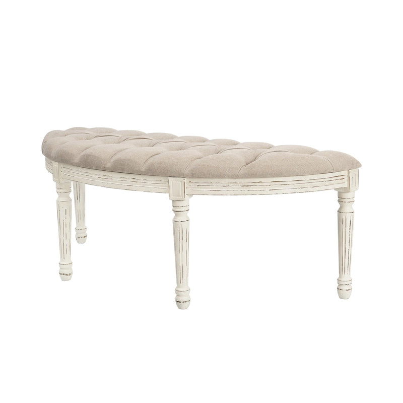 Banc rétro capitonné en lin ivoire avec pieds cannelés en bois style Mid-Century
