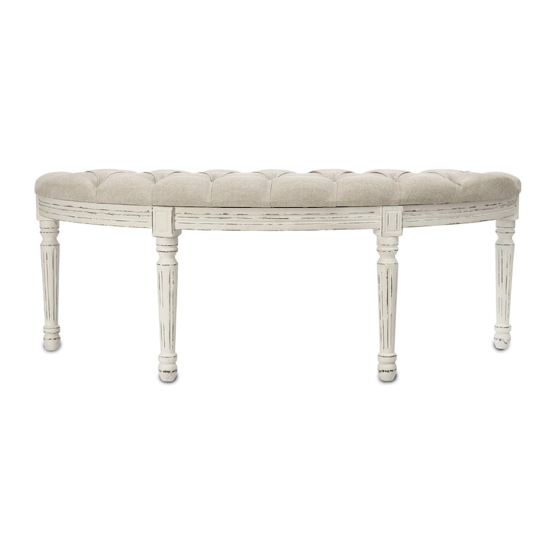 Banc rétro capitonné en lin ivoire avec pieds cannelés en bois style Mid-Century