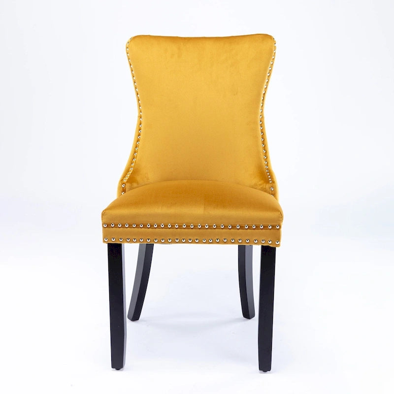Chaise de salle à manger à dossier haut en velours doré avec ailes et rivets, style Mid-Century