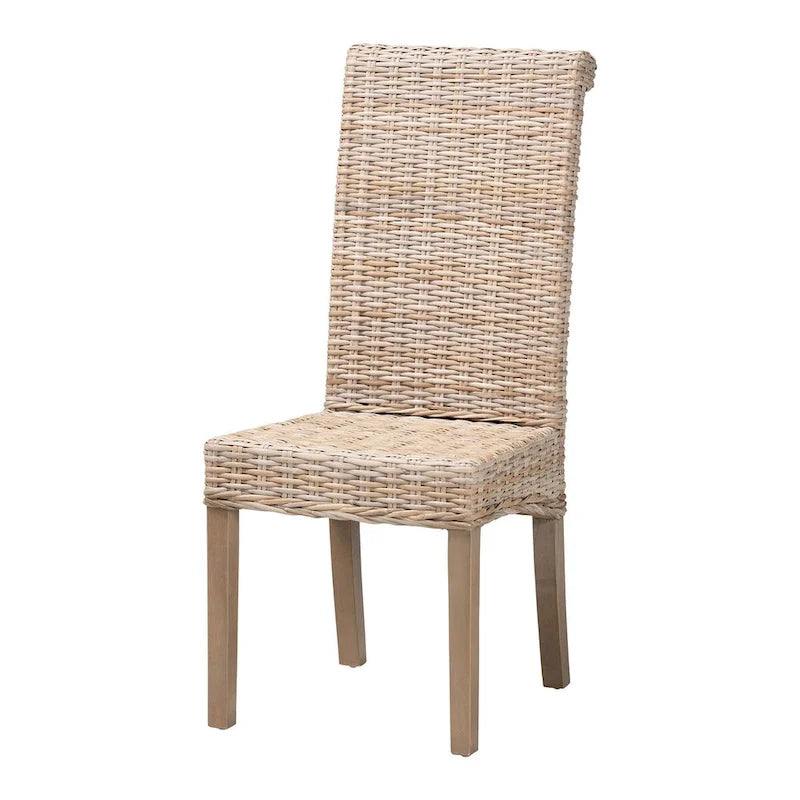 Chaise de salle à manger bohème Kubu Grey en rotin naturel et bois de manguier avec dossier roulé et pieds effilés
