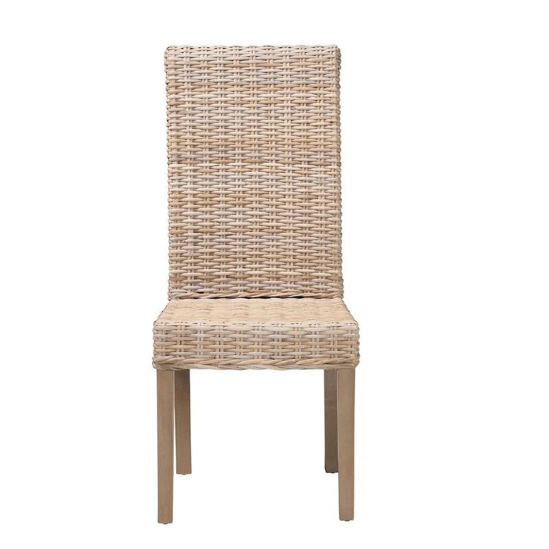 Chaise de salle à manger bohème Kubu Grey en rotin naturel et bois de manguier avec dossier roulé et pieds effilés