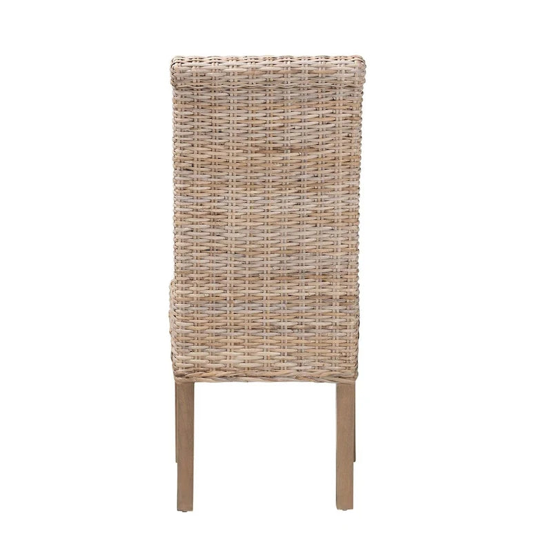 Chaise de salle à manger bohème Kubu Grey en rotin naturel et bois de manguier avec dossier roulé et pieds effilés
