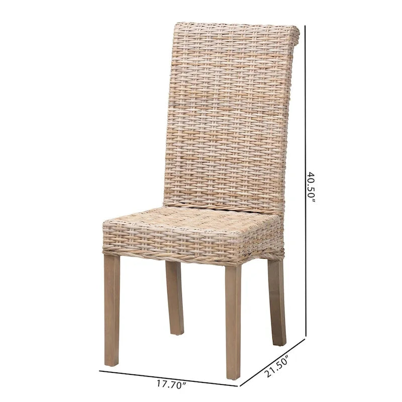 Chaise de salle à manger bohème Kubu Grey en rotin naturel et bois de manguier avec dossier roulé et pieds effilés