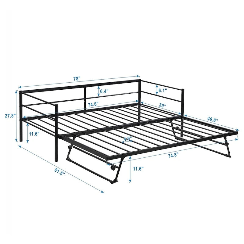 Lit de repos double en métal noir avec lit gigogne escamotable réglable style industriel