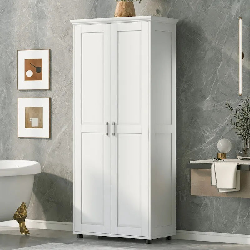 Armoire de rangement 2 portes en MDF peint en blanc, avec étagères réglables et dispositif anti-basculement, pour salle de bain