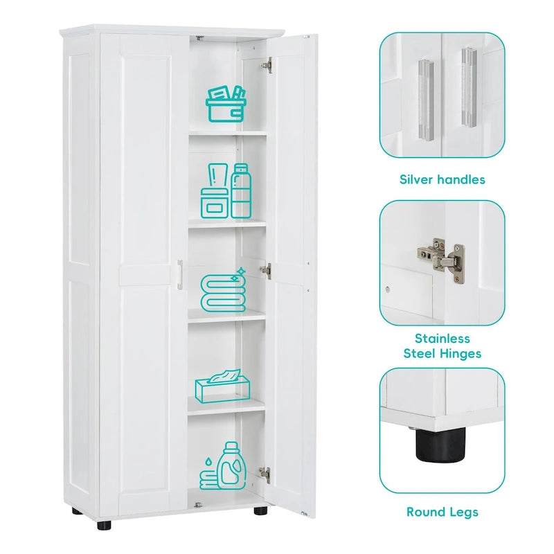 Armoire de rangement 2 portes en MDF peint en blanc, avec étagères réglables et dispositif anti-basculement, pour salle de bain