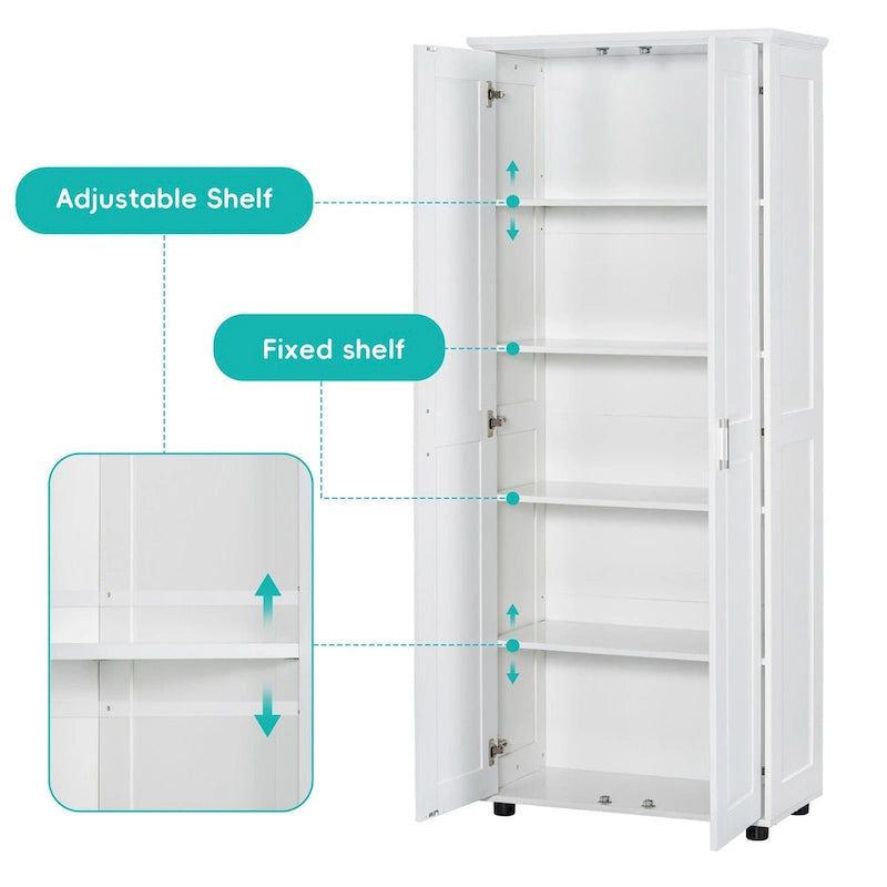 Armoire de rangement 2 portes en MDF peint en blanc, avec étagères réglables et dispositif anti-basculement, pour salle de bain