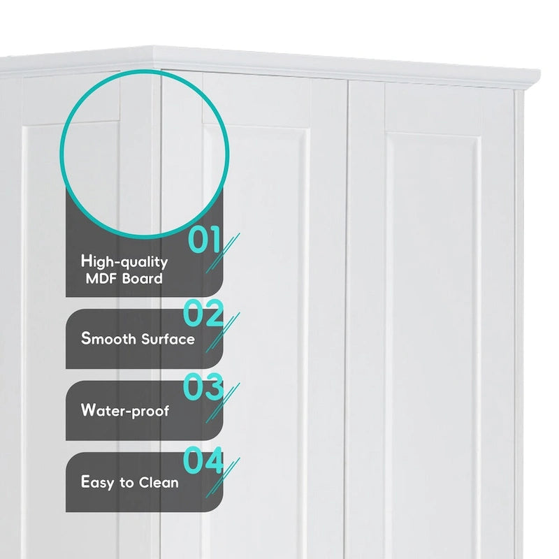 Armoire de rangement 2 portes en MDF peint en blanc, avec étagères réglables et dispositif anti-basculement, pour salle de bain