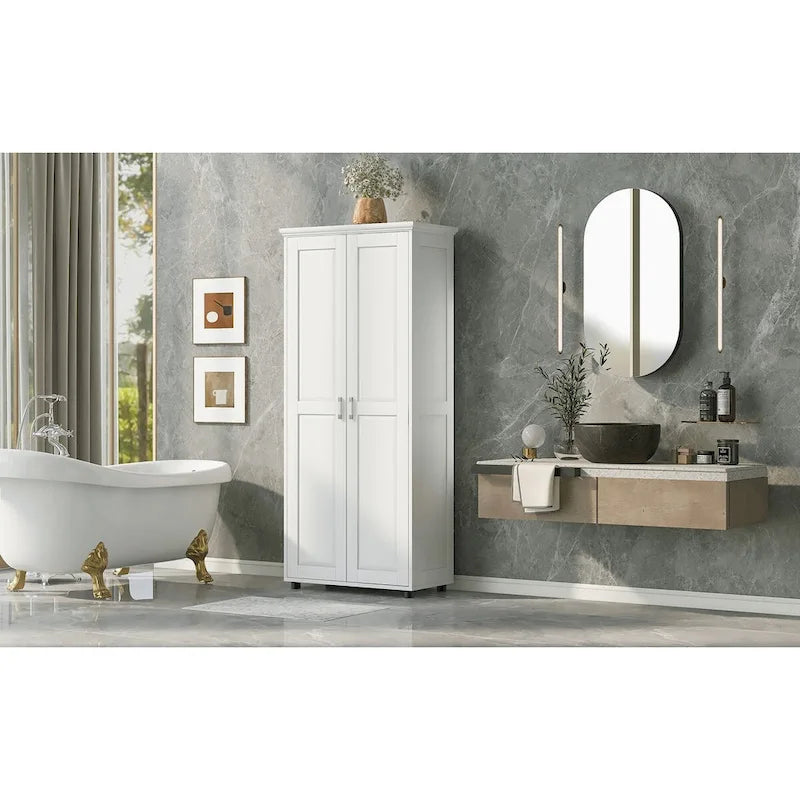 Armoire de rangement 2 portes en MDF peint en blanc, avec étagères réglables et dispositif anti-basculement, pour salle de bain