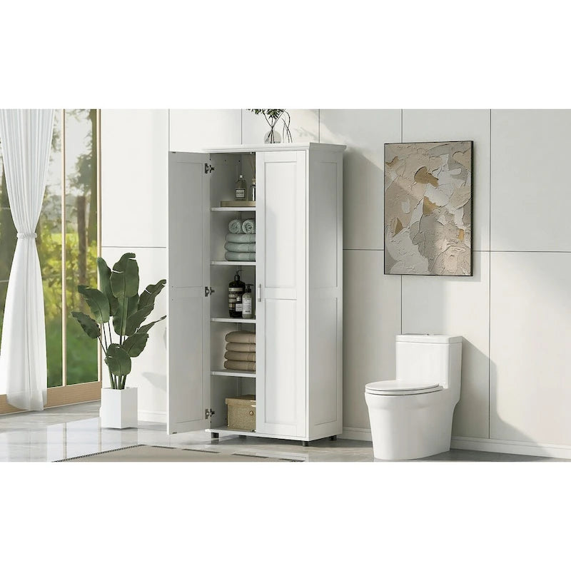 Armoire de rangement 2 portes en MDF peint en blanc, avec étagères réglables et dispositif anti-basculement, pour salle de bain