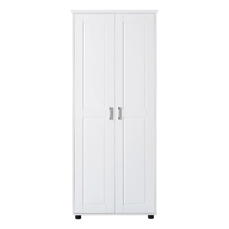 Armoire de rangement 2 portes en MDF peint en blanc, avec étagères réglables et dispositif anti-basculement, pour salle de bain