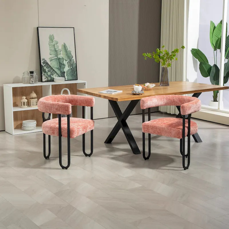 Chaise d'appoint de salle à manger en chenille grise rembourrée avec dossier rond et cadre en métal