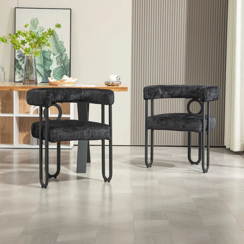 Chaise d'appoint de salle à manger en chenille grise rembourrée avec dossier rond et cadre en métal