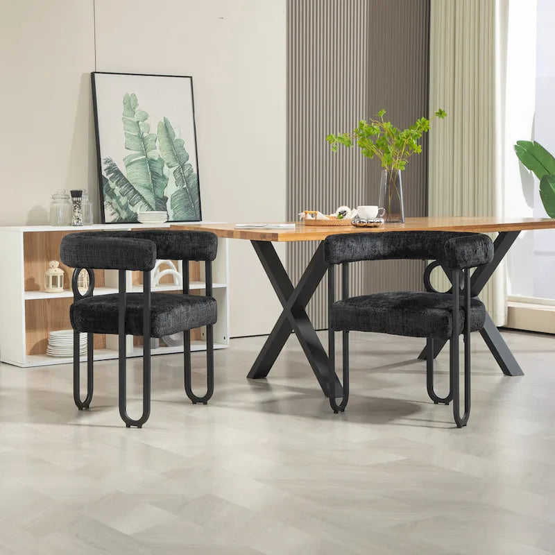 Chaise d'appoint de salle à manger en chenille grise rembourrée avec dossier rond et cadre en métal