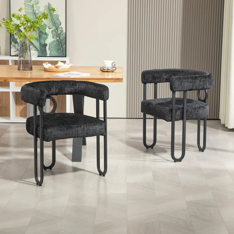 Chaise d'appoint de salle à manger en chenille grise rembourrée avec dossier rond et cadre en métal