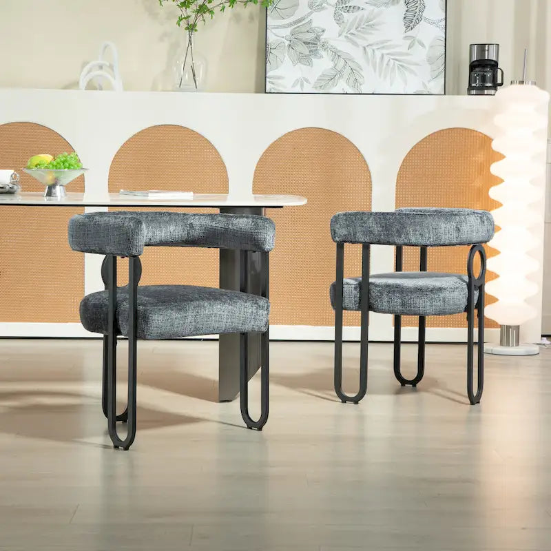 Chaise d'appoint de salle à manger en chenille grise rembourrée avec dossier rond et cadre en métal