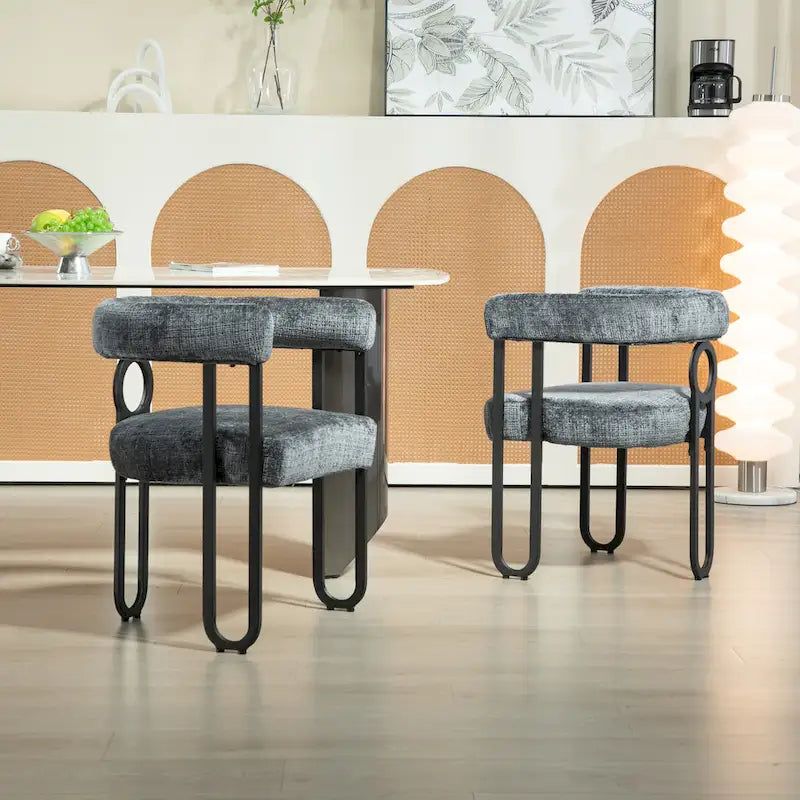 Chaise d'appoint de salle à manger en chenille grise rembourrée avec dossier rond et cadre en métal