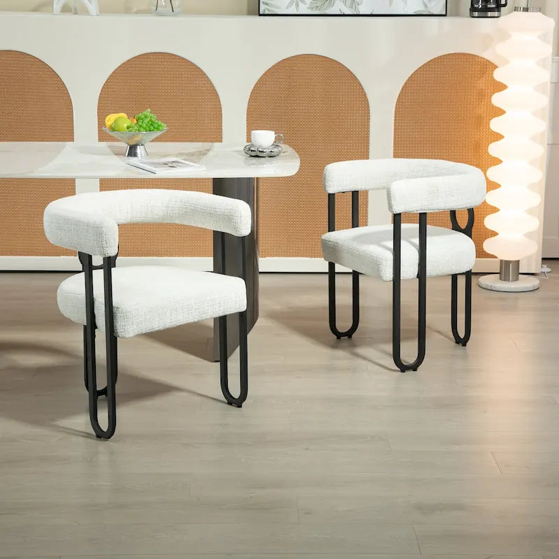 Chaise d'appoint de salle à manger en chenille grise rembourrée avec dossier rond et cadre en métal