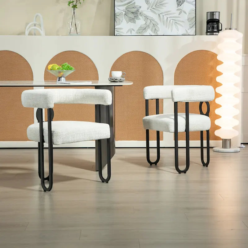 Chaise d'appoint de salle à manger en chenille grise rembourrée avec dossier rond et cadre en métal