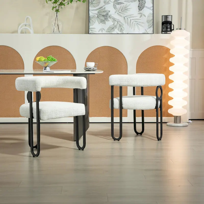 Chaise d'appoint de salle à manger en chenille grise rembourrée avec dossier rond et cadre en métal