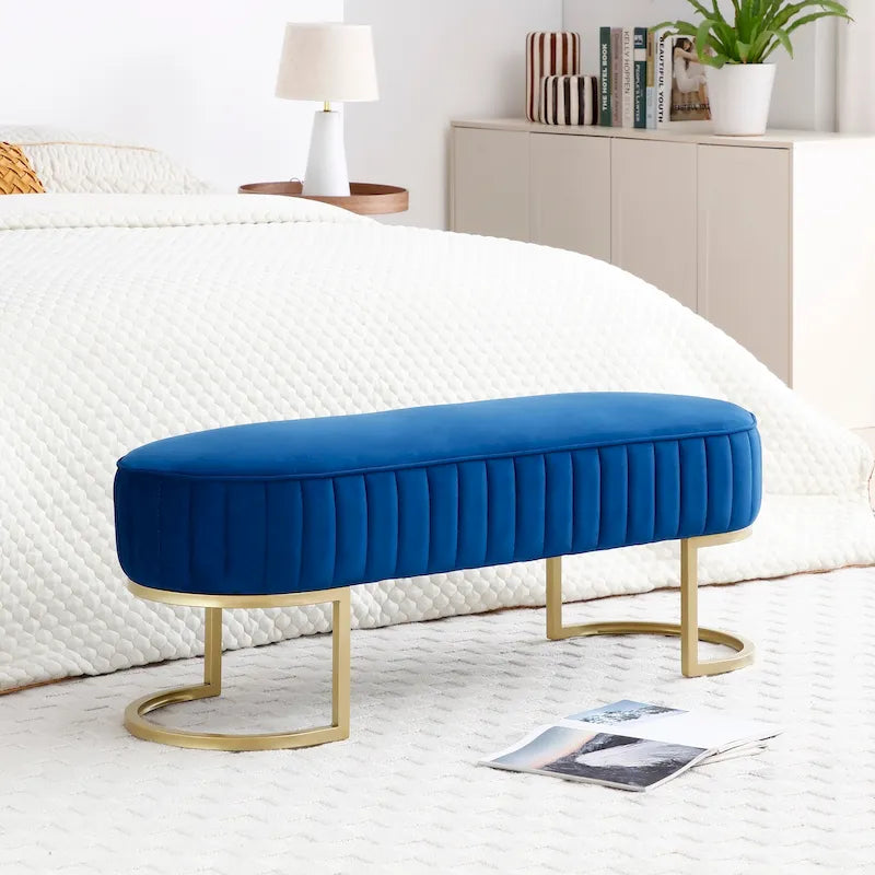 Banc de bout de lit ovale en fausse fourrure Sherpa, pieds en métal doré en forme de U