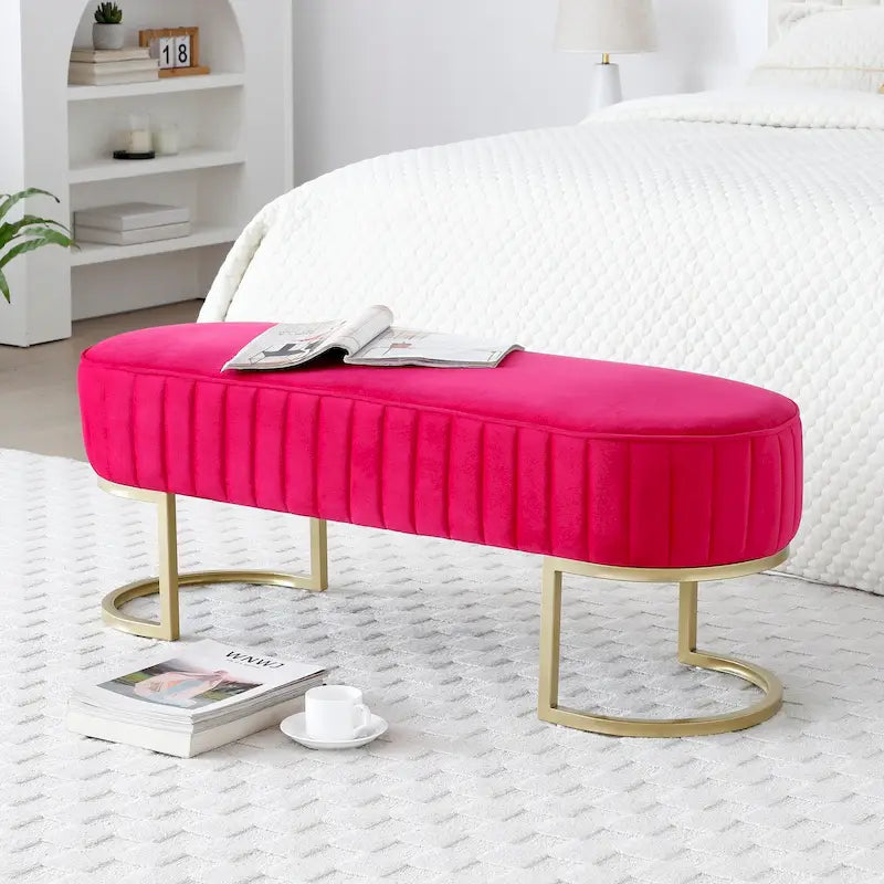 Banc de bout de lit ovale en fausse fourrure Sherpa, pieds en métal doré en forme de U