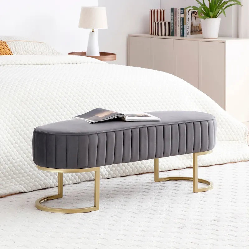 Banc de bout de lit ovale en fausse fourrure Sherpa, pieds en métal doré en forme de U