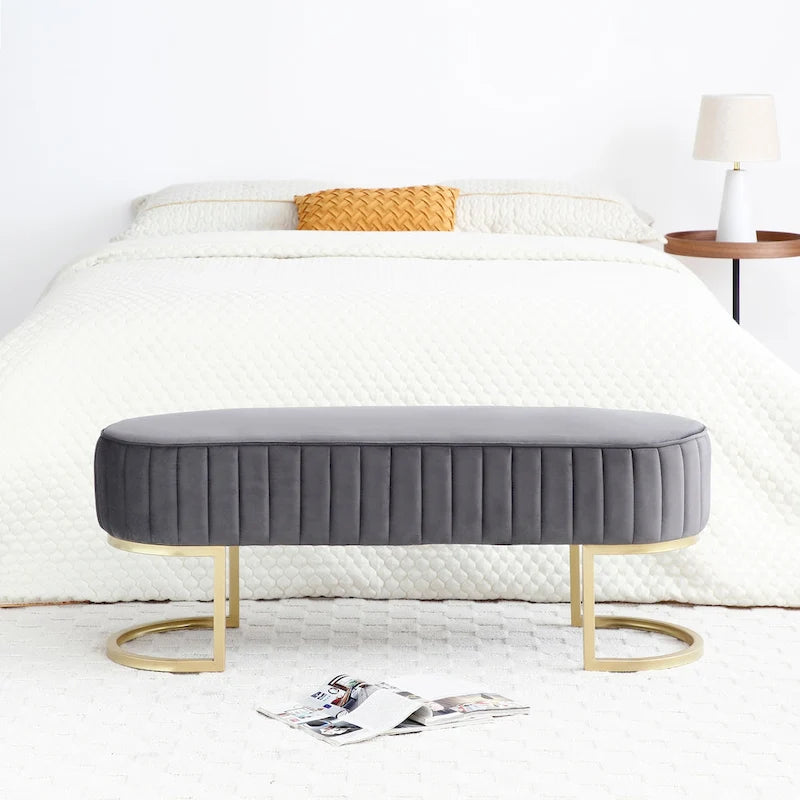 Banc de bout de lit ovale en fausse fourrure Sherpa, pieds en métal doré en forme de U