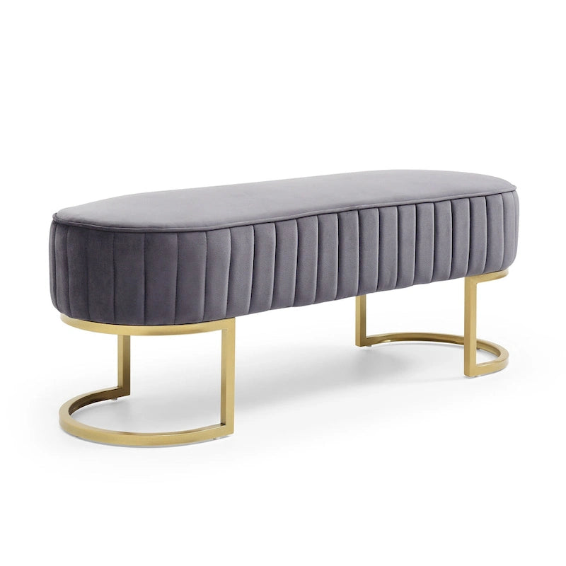 Banc de bout de lit ovale en fausse fourrure Sherpa, pieds en métal doré en forme de U