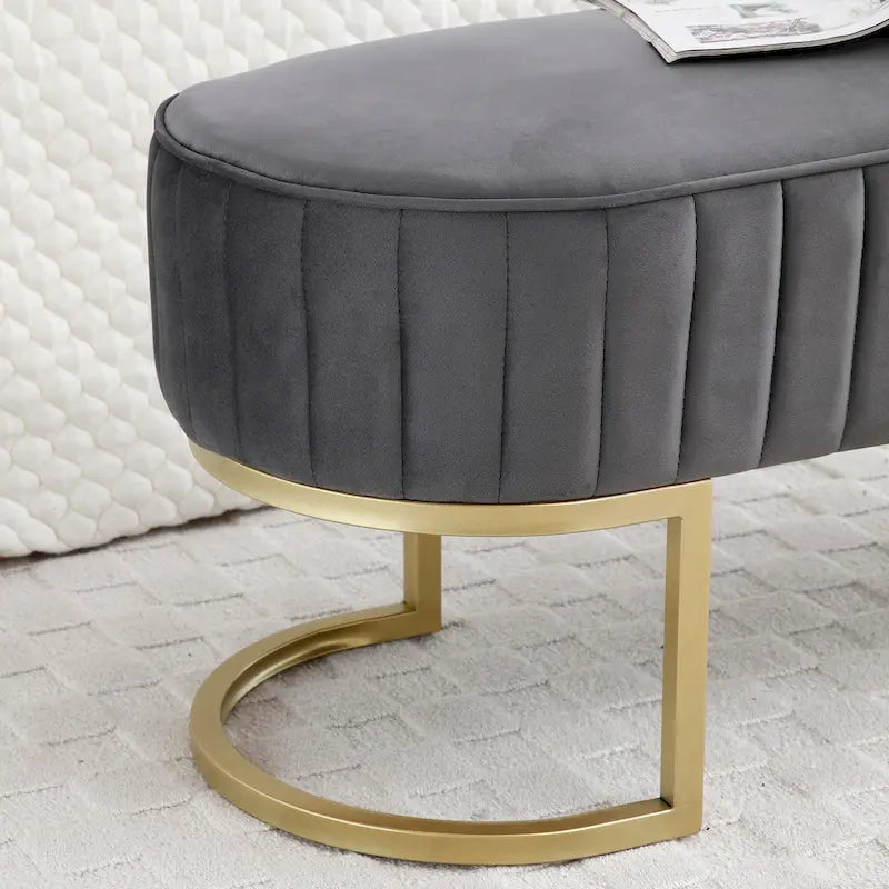 Banc de bout de lit ovale en fausse fourrure Sherpa, pieds en métal doré en forme de U