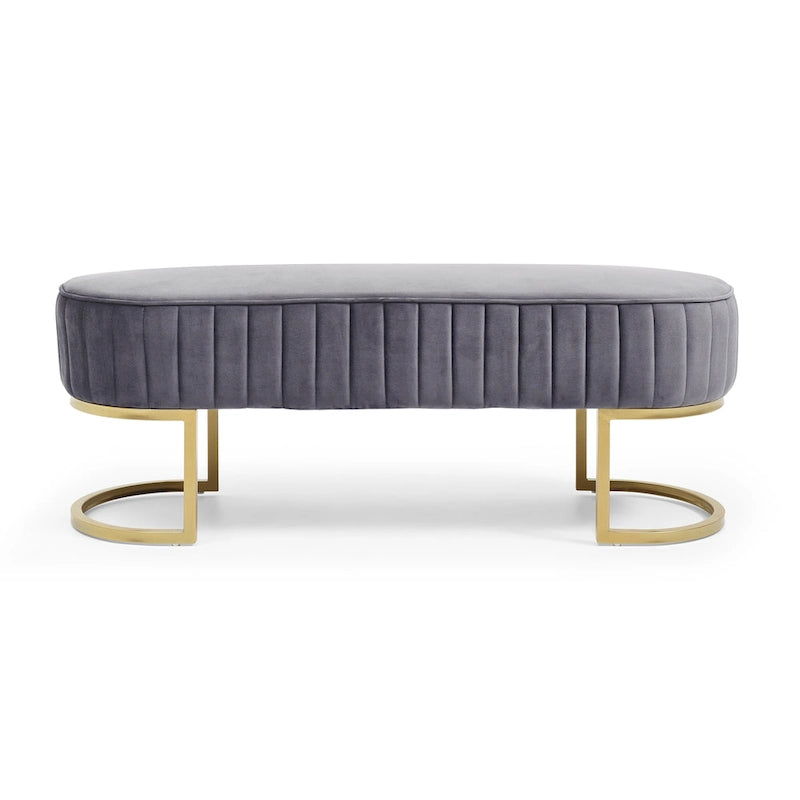 Banc de bout de lit ovale en fausse fourrure Sherpa, pieds en métal doré en forme de U