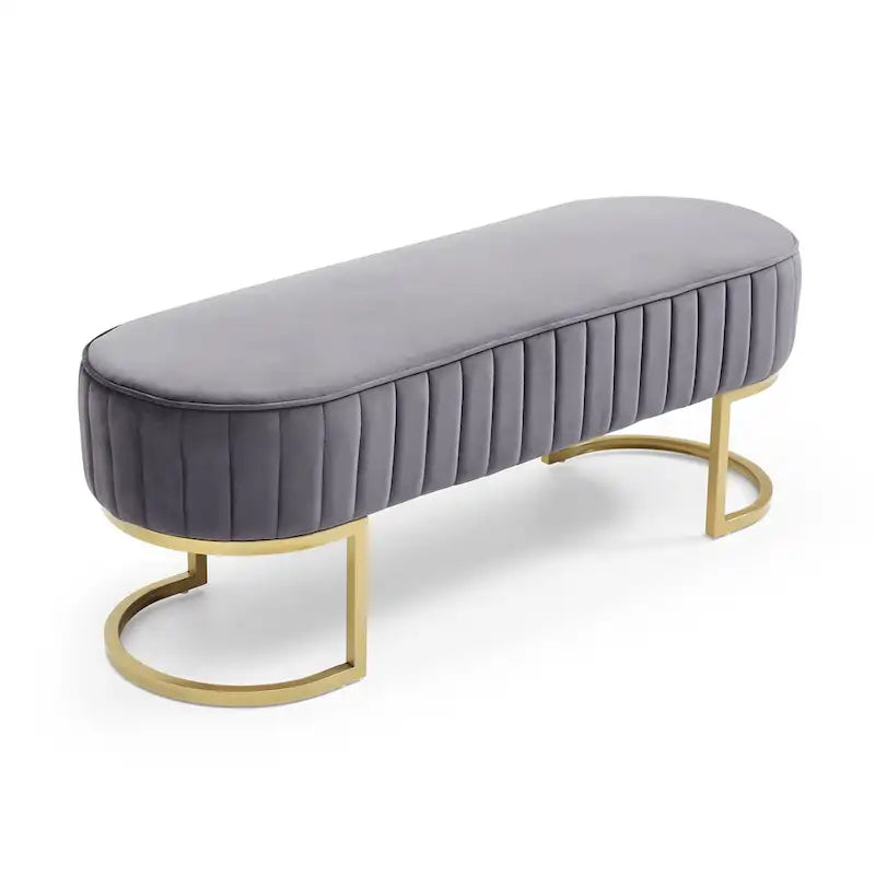 Banc de bout de lit ovale en fausse fourrure Sherpa, pieds en métal doré en forme de U