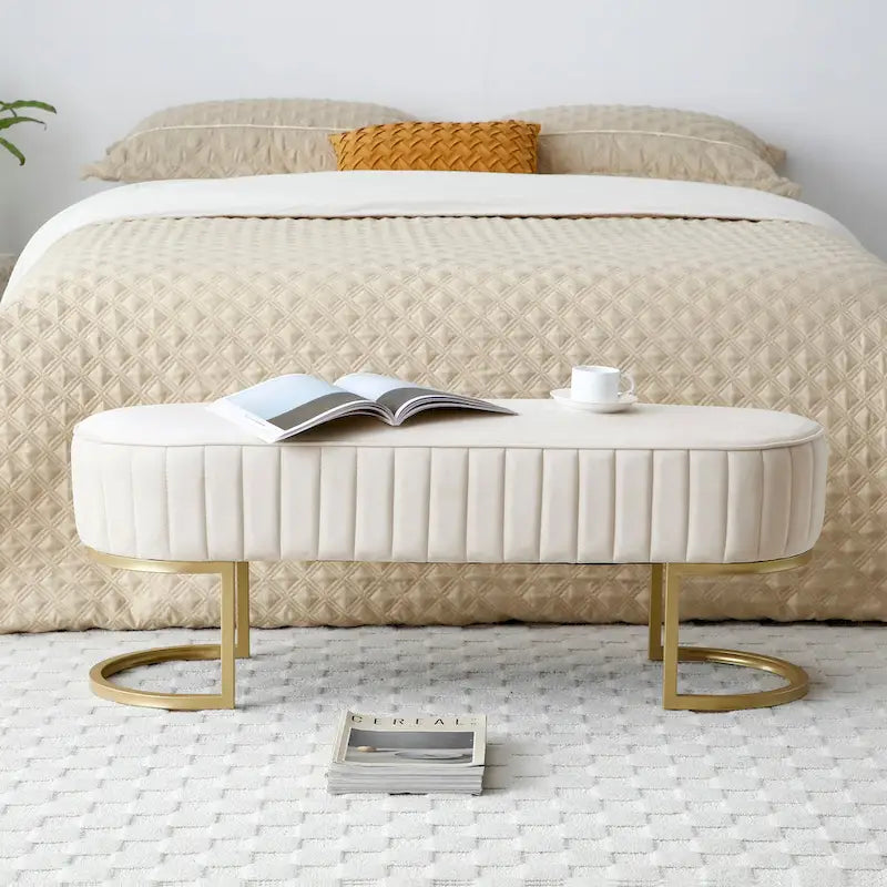 Banc de bout de lit ovale en fausse fourrure Sherpa, pieds en métal doré en forme de U