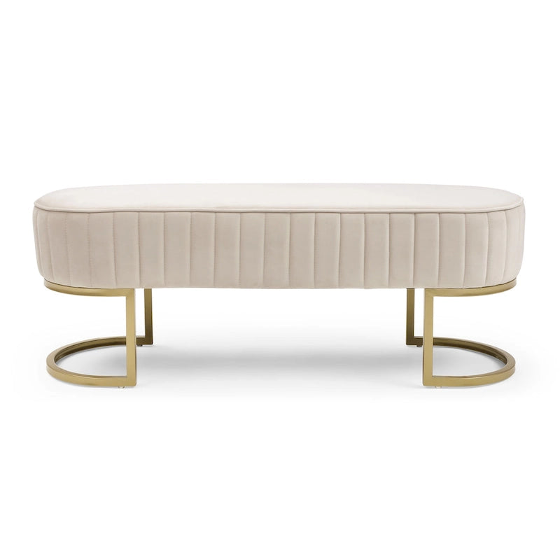 Banc de bout de lit ovale en fausse fourrure Sherpa, pieds en métal doré en forme de U
