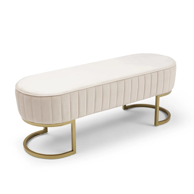 Banc de bout de lit ovale en fausse fourrure Sherpa, pieds en métal doré en forme de U