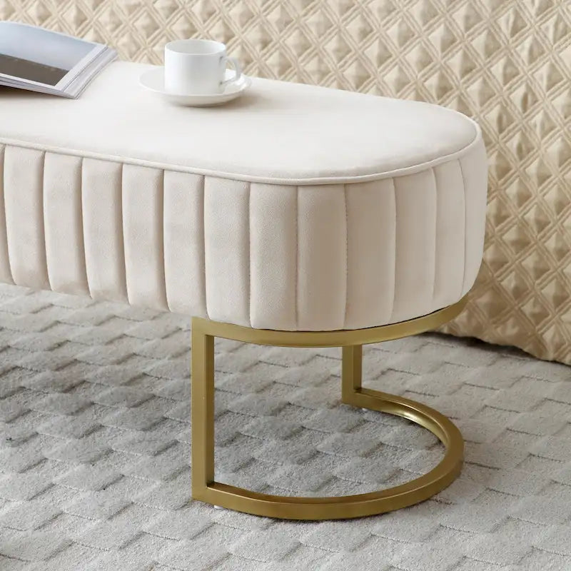 Banc de bout de lit ovale en fausse fourrure Sherpa, pieds en métal doré en forme de U
