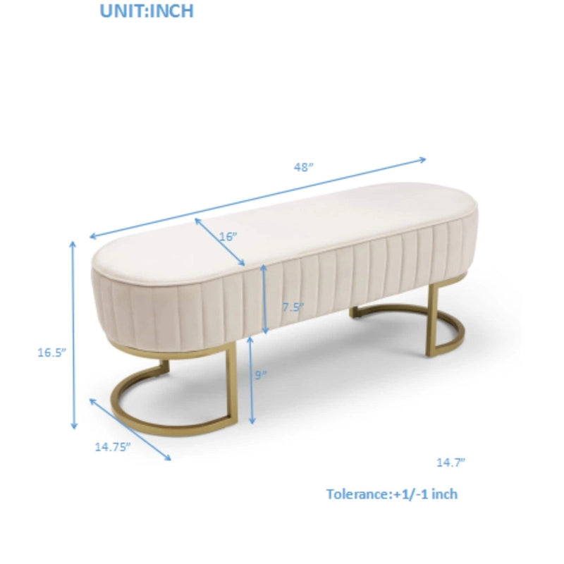 Banc de bout de lit ovale en fausse fourrure Sherpa, pieds en métal doré en forme de U