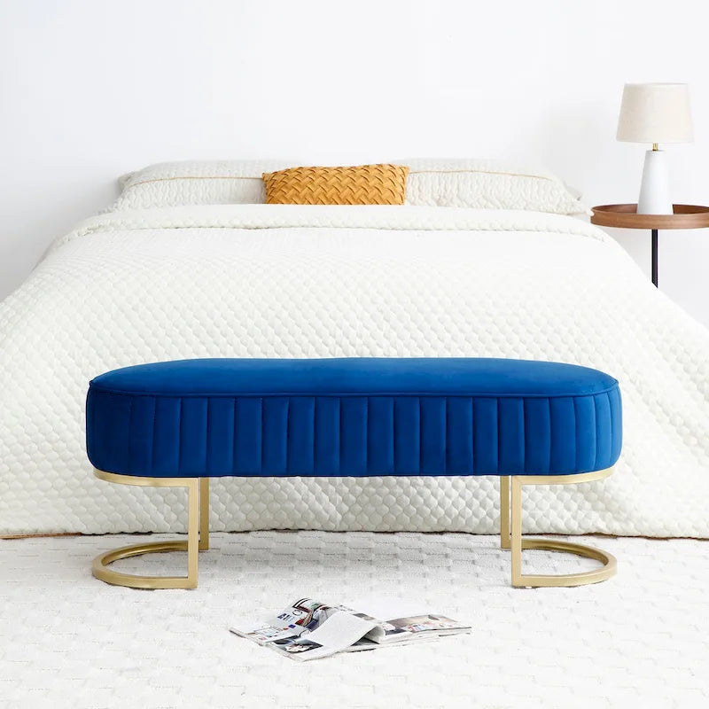 Banc de bout de lit ovale en fausse fourrure Sherpa, pieds en métal doré en forme de U