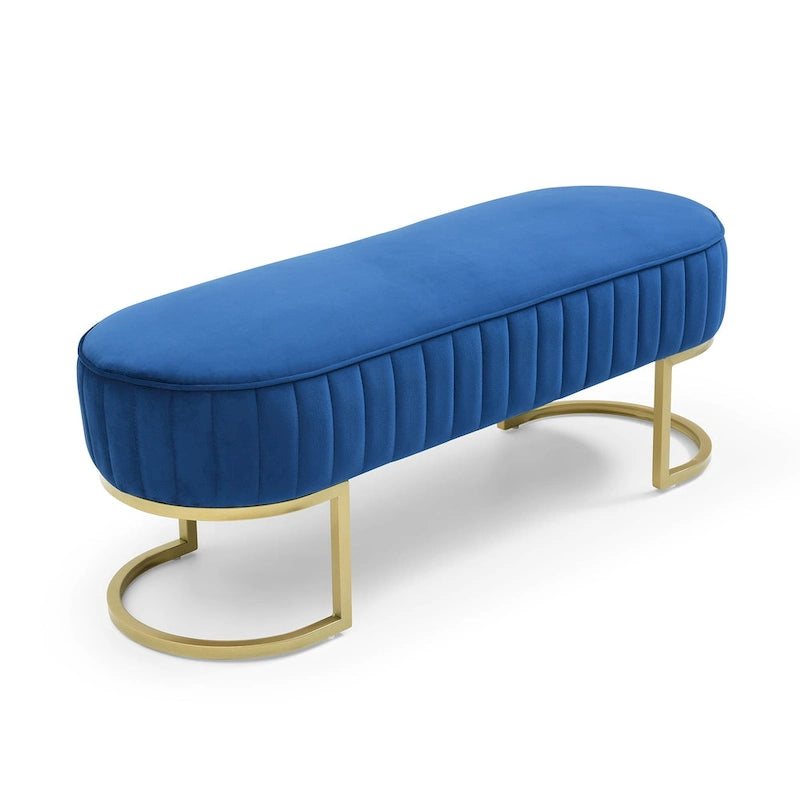 Banc de bout de lit ovale en fausse fourrure Sherpa, pieds en métal doré en forme de U