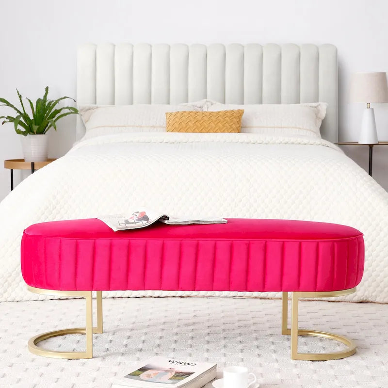 Banc de bout de lit ovale en fausse fourrure Sherpa, pieds en métal doré en forme de U