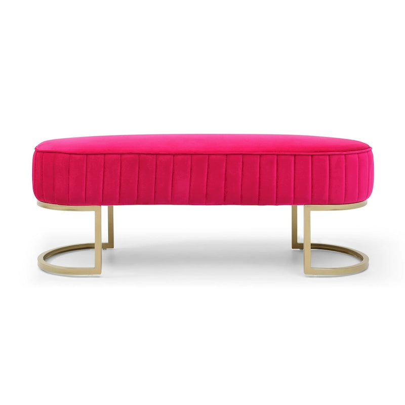 Banc de bout de lit ovale en fausse fourrure Sherpa, pieds en métal doré en forme de U