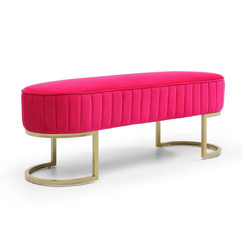 Banc de bout de lit ovale en fausse fourrure Sherpa, pieds en métal doré en forme de U