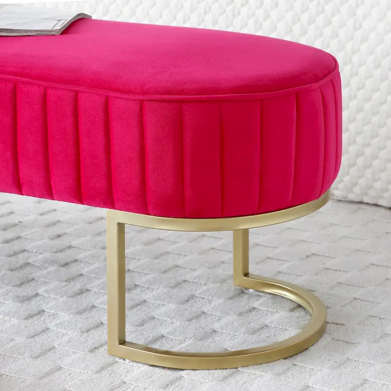 Banc de bout de lit ovale en fausse fourrure Sherpa, pieds en métal doré en forme de U