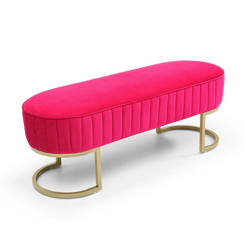 Banc de bout de lit ovale en fausse fourrure Sherpa, pieds en métal doré en forme de U